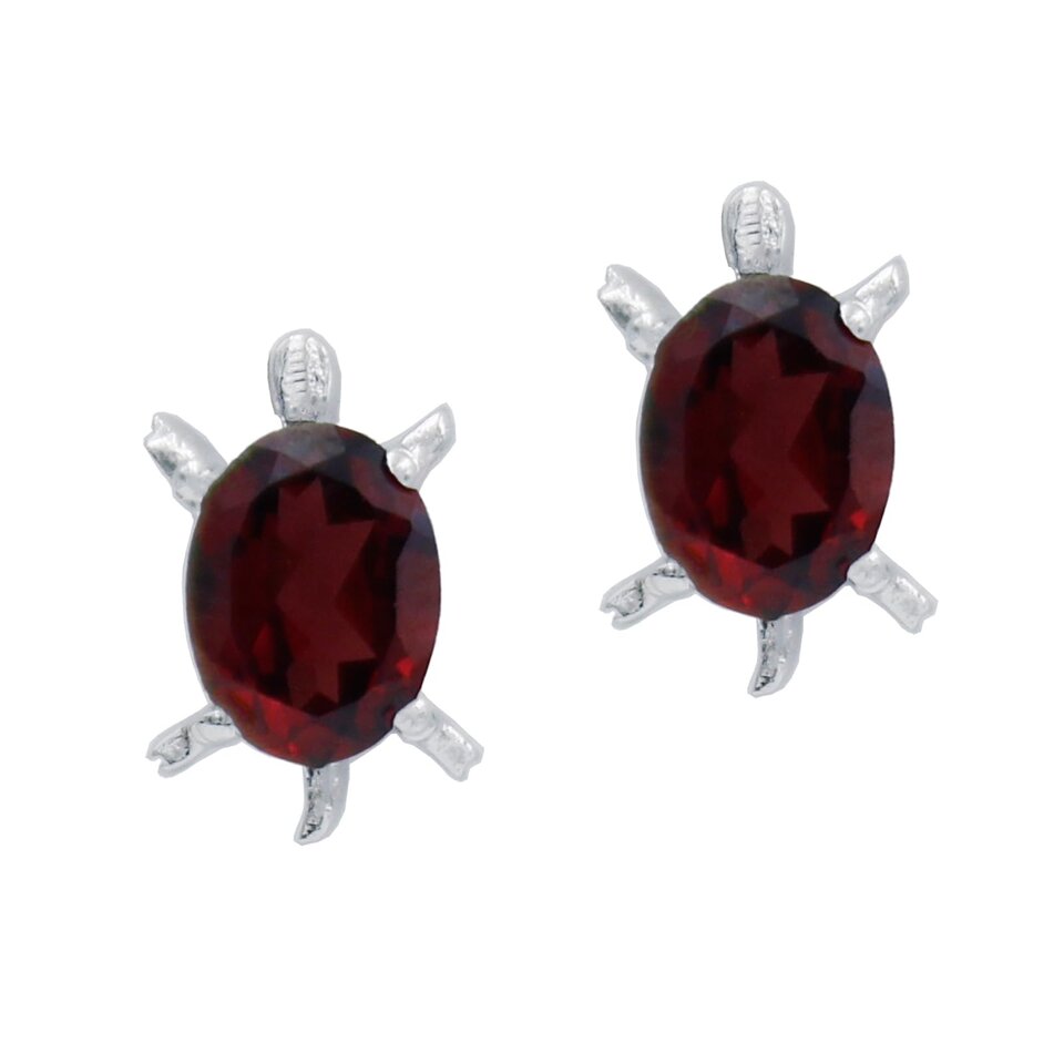 Turtle-shaped stud earrings with faceted oval garnet gemstones set in silver