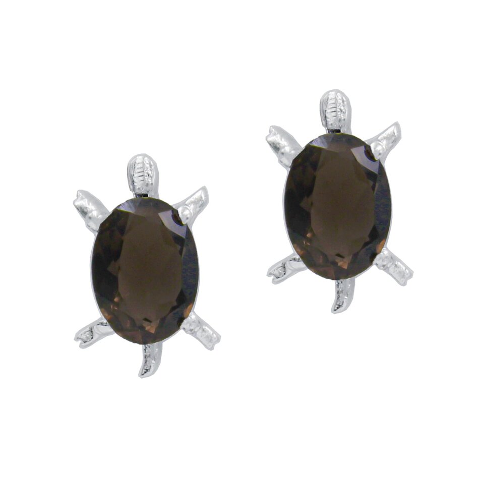 Turtle-shaped stud earrings with oval smoky quartz gemstones set in silver
