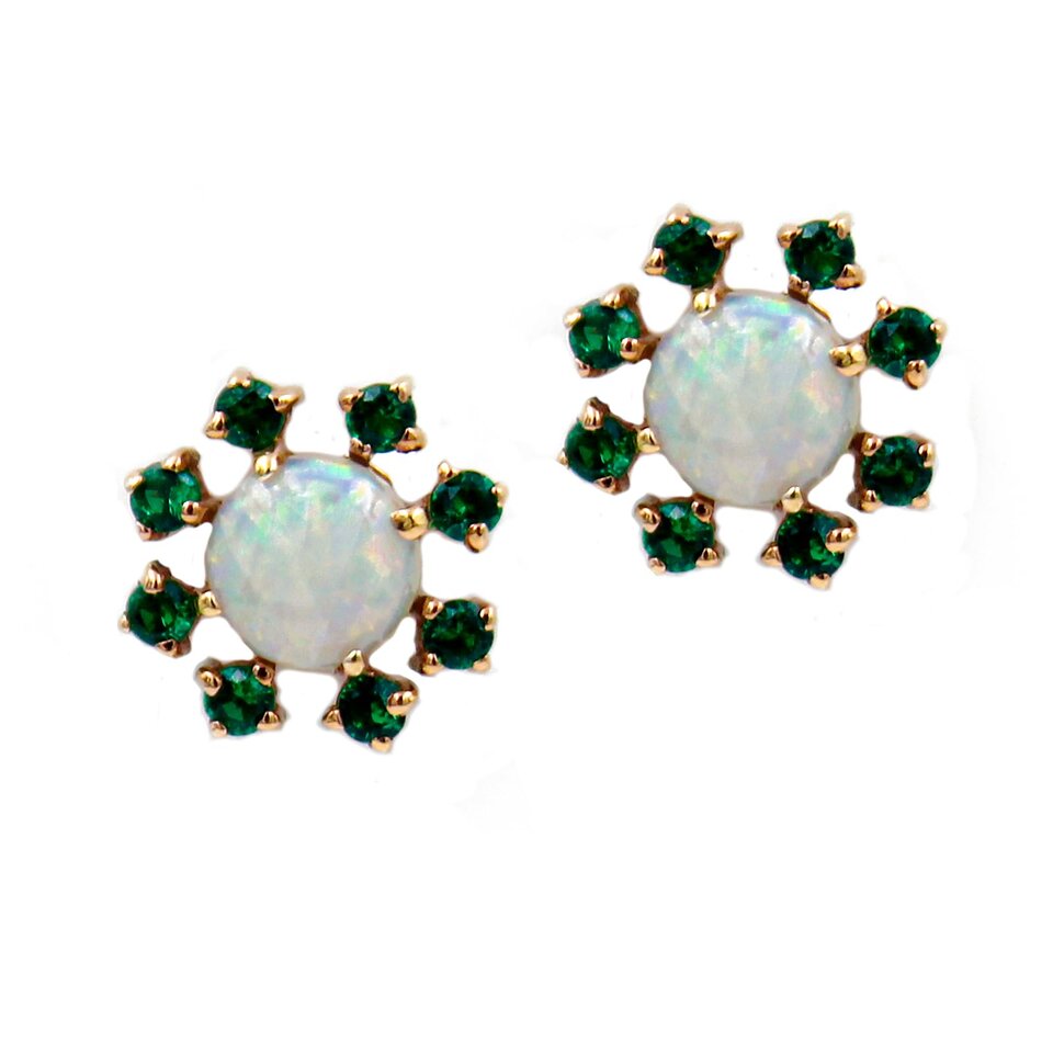 Gold-plated opal and green gemstone floral stud earrings.