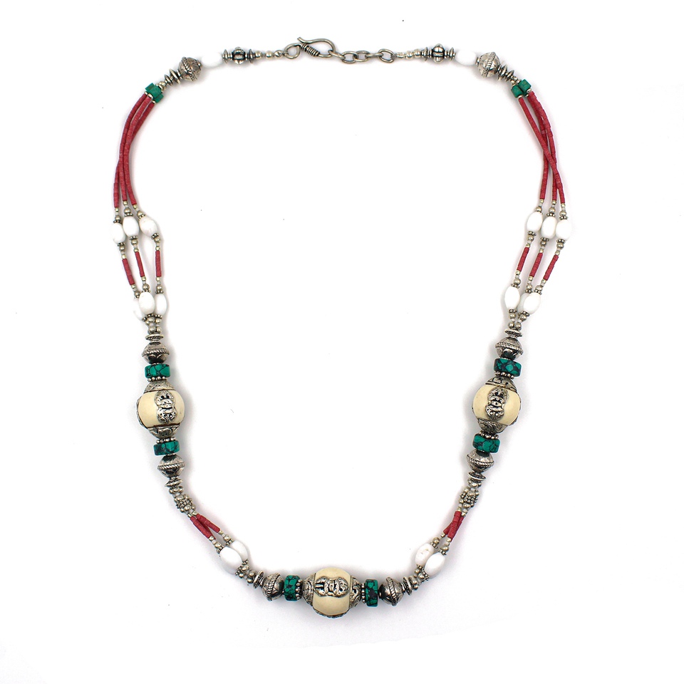 Tribal necklace with bone beads and silver-tone accents