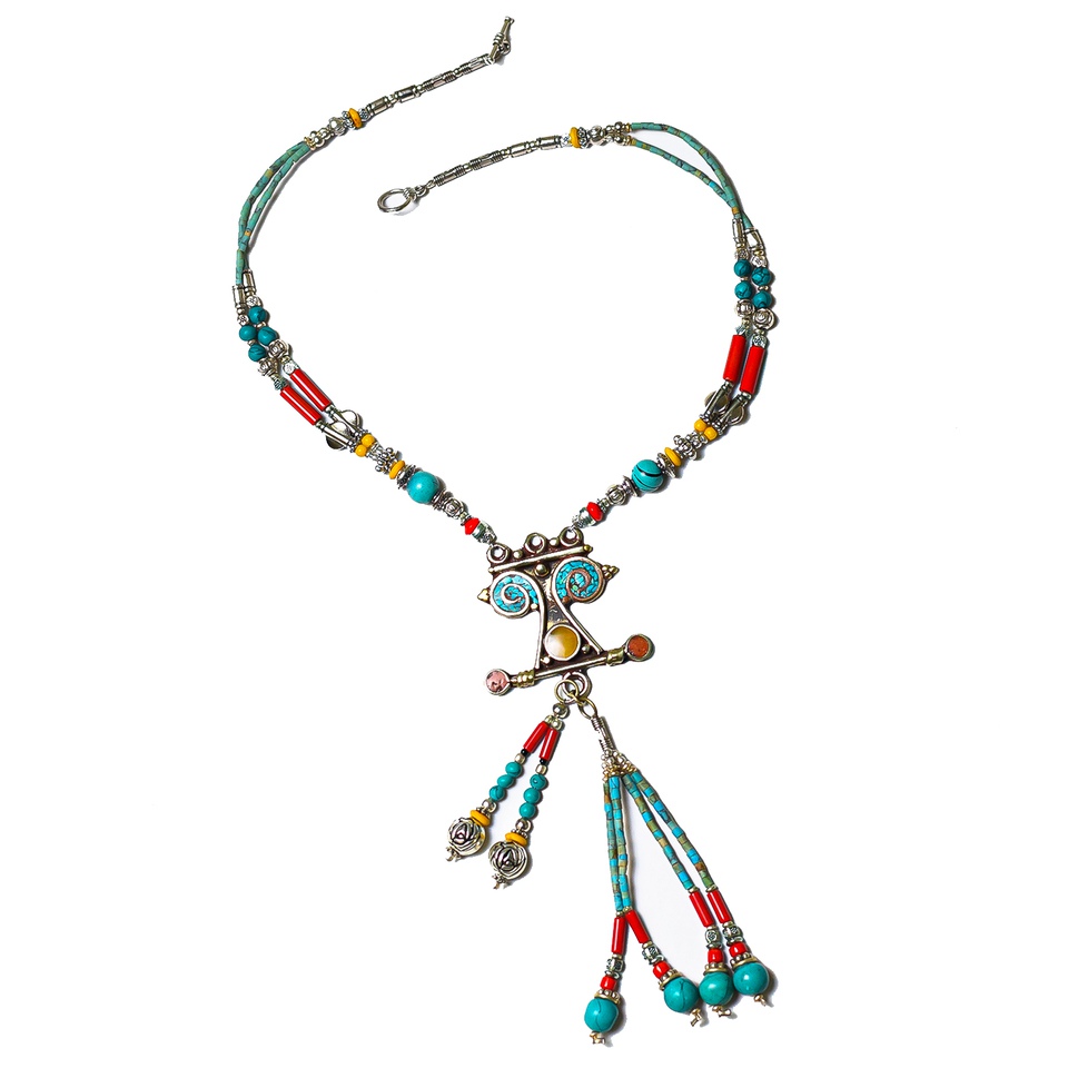 Bohemian tribal necklace with turquoise, coral, and mixed beads