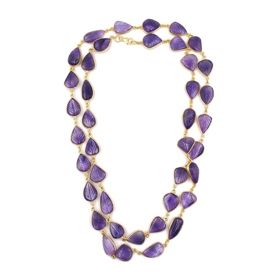Gold-plated necklace with carved Purple Amethyst leaves