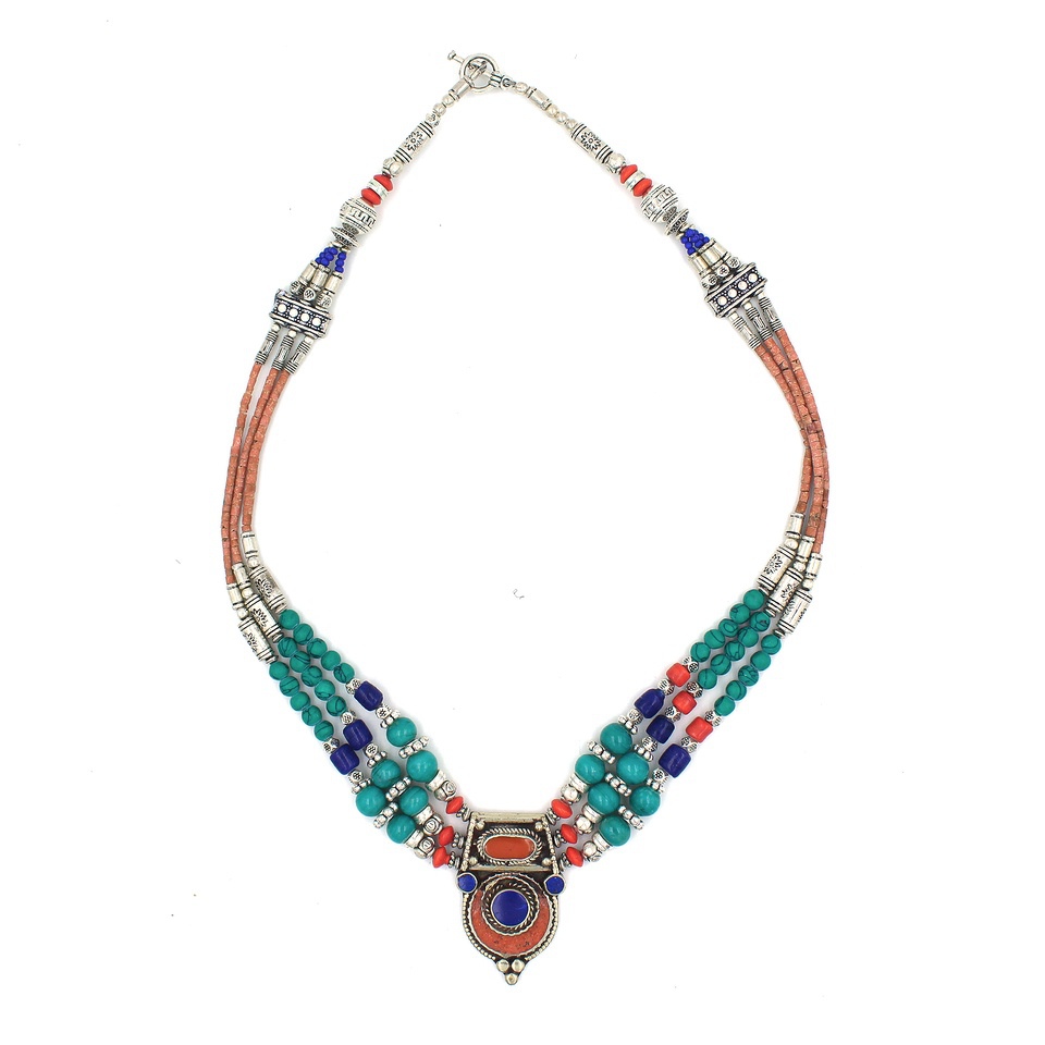 Turquoise, coral & lapis tribal necklace