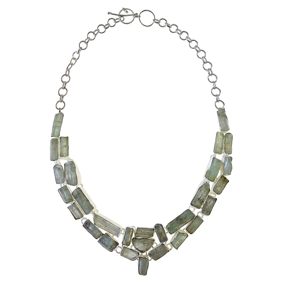 Chunky silver necklace with raw green Kyanite gemstone slabs