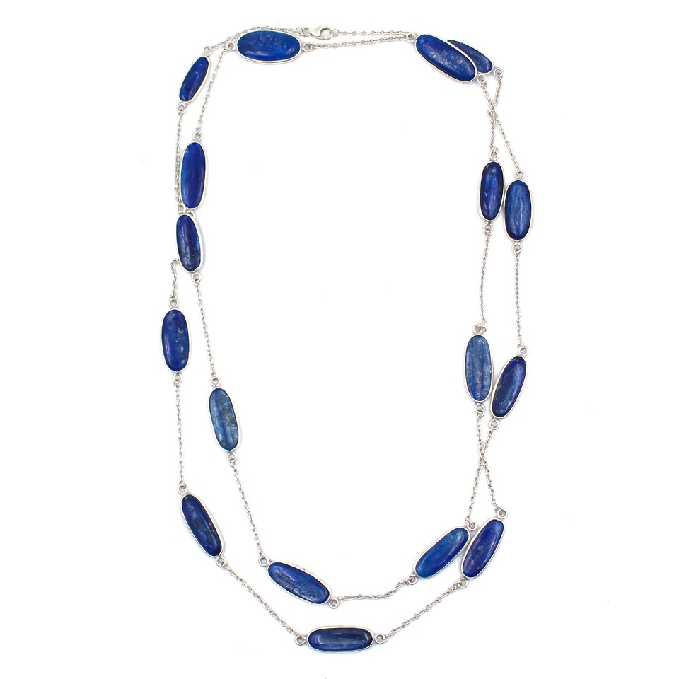 Long chain necklace with oval Kyanite gemstones