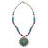 Floral pendant necklace with turquoise and coral beads