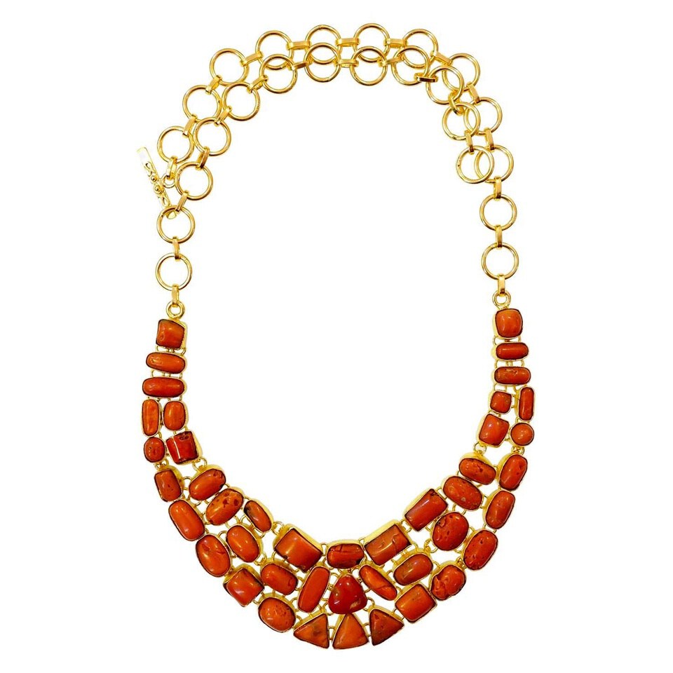 Chunky gold necklace with polished red Coral gemstones