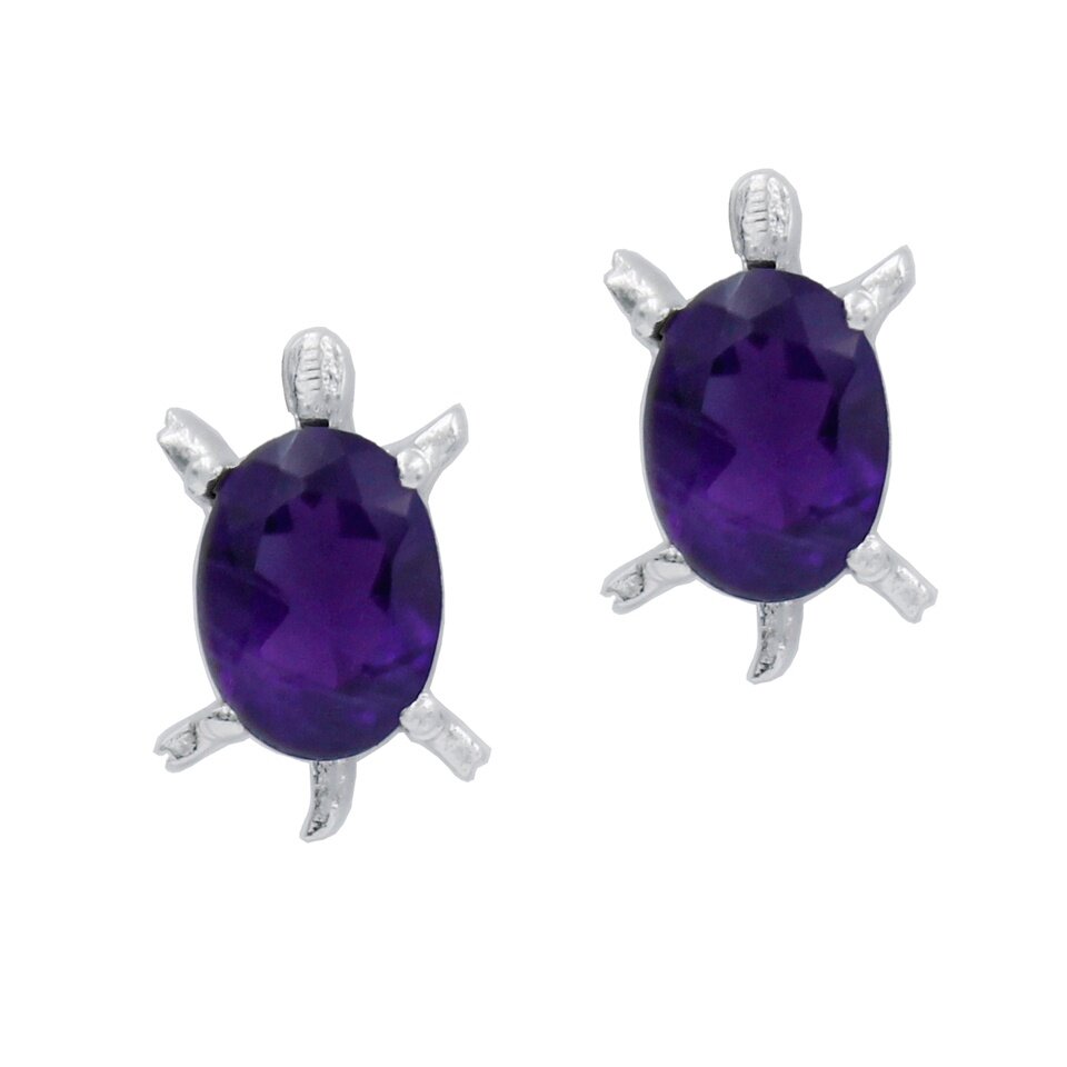 Turtle-shaped stud earrings with faceted oval amethyst gemstones set in silver