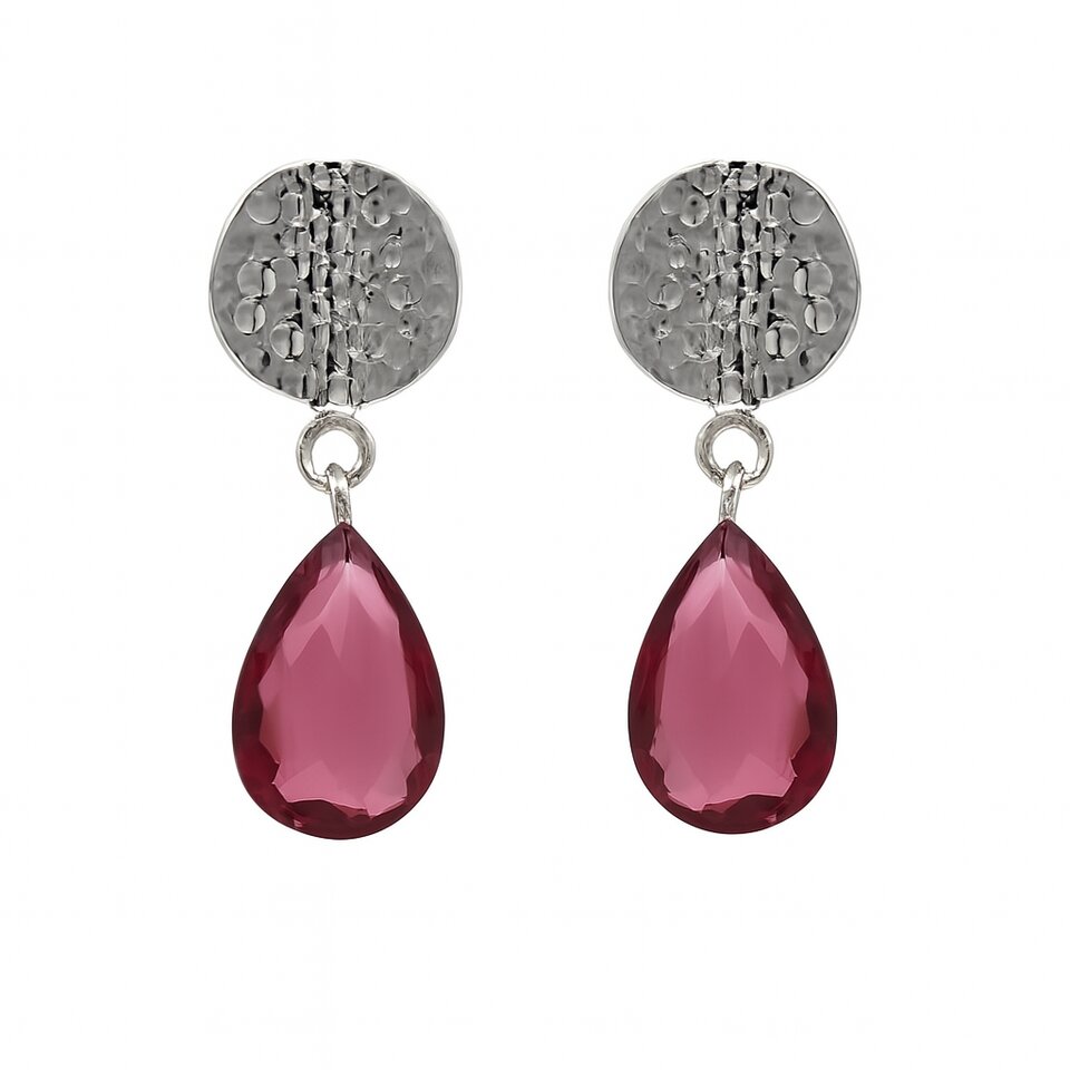 925 sterling silver hammered disc drop earrings with pink teardrop gemstone