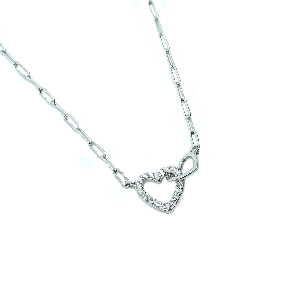 Double heart pendant necklace with Cubic Zirconia on a silver paperclip chain