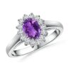 Sterling silver ring with oval Purple Amethyst gemstone surrounded by white stones