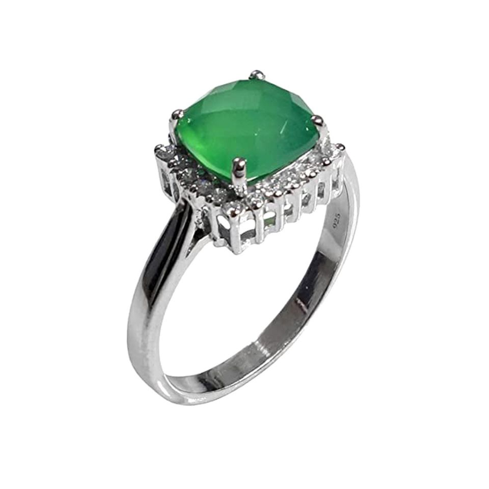 Green Onyx cushion-cut ring set in 925 sterling silver with a halo of sparkling accents