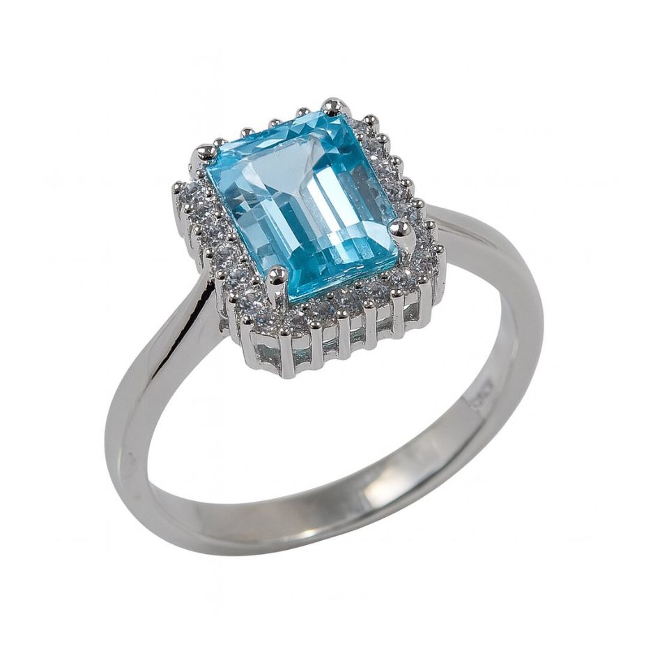 Sky Blue Topaz cushion-cut ring in 925 sterling silver with a shimmering halo accent