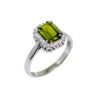 Sterling silver ring with emerald-cut Peridot gemstone and white stone halo