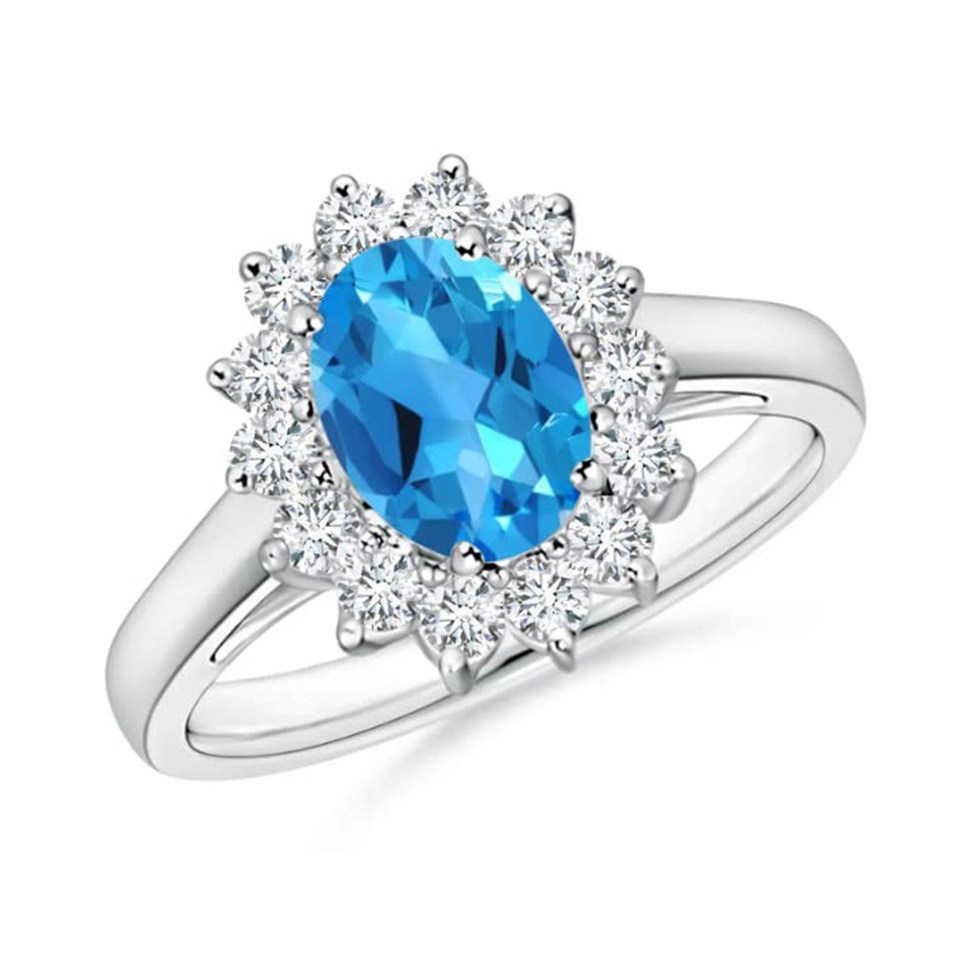 Sterling silver ring with oval Swiss Blue Topaz and halo of white stones