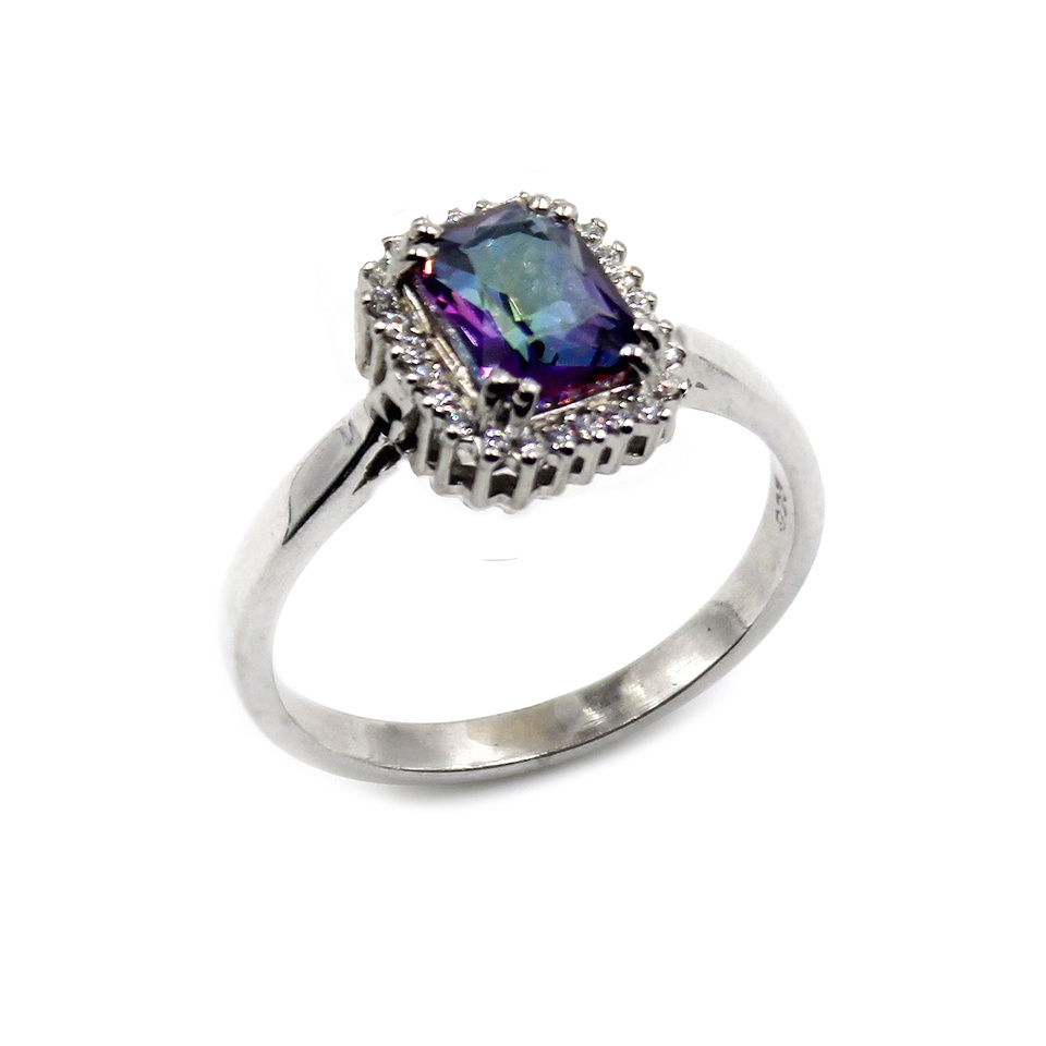 Mystic Quartz ring in 925 sterling silver with halo setting