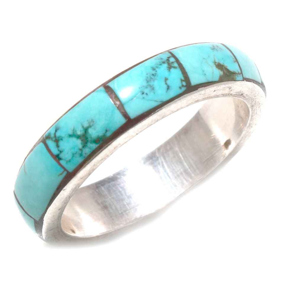 Sterling silver band ring with inlaid Turquoise gemstone segments