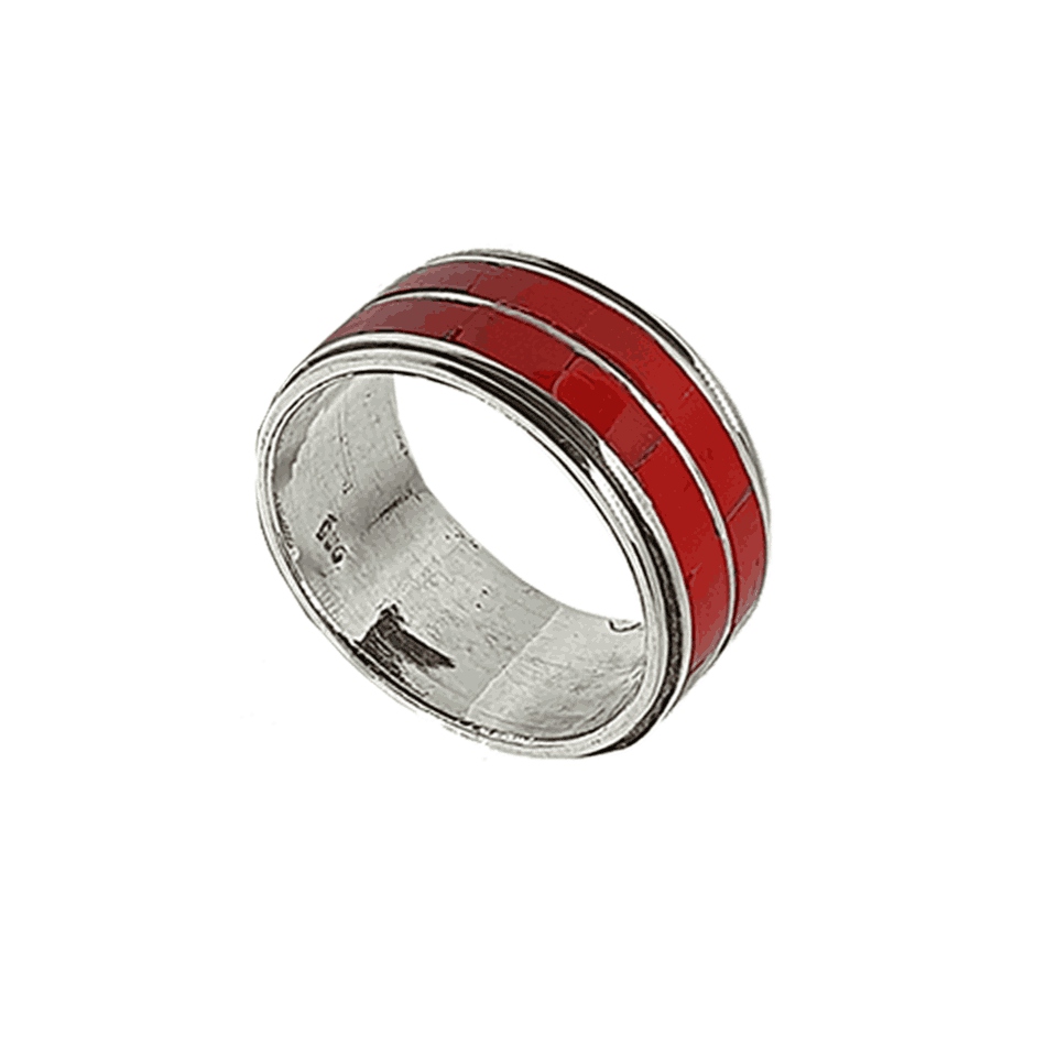 Sterling silver statement ring with dual inlaid Coral gemstone bands