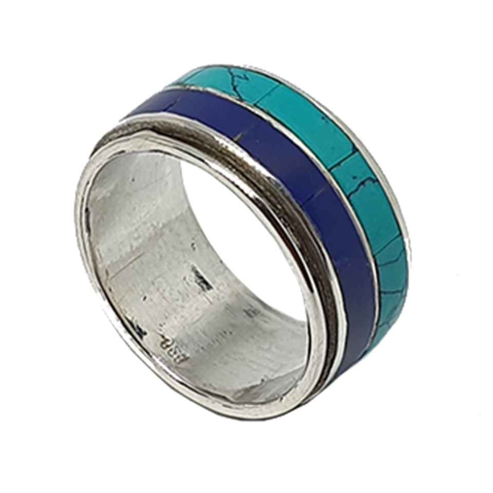 Sterling silver statement ring with inlaid Lapis Lazuli and Turquoise gemstones