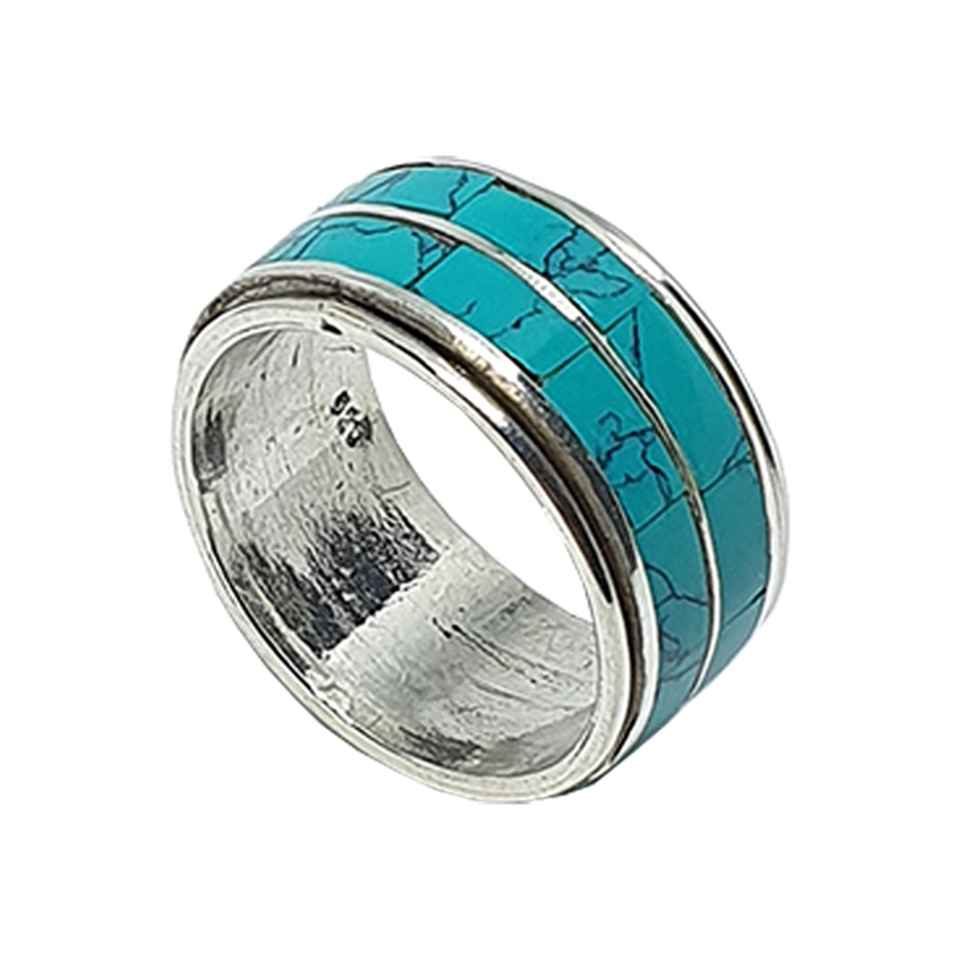 Sterling silver statement ring with dual inlaid Turquoise gemstone bands
