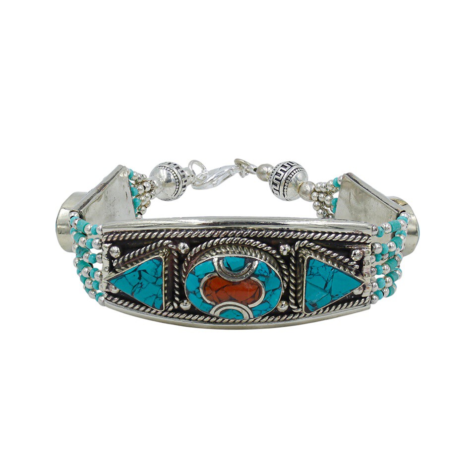 Turquoise and coral inlay tribal bracelet