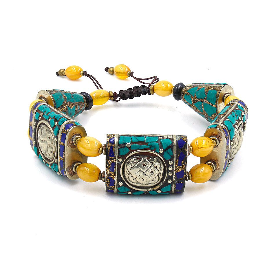 Turquoise, lapis, and yellow bead Tibetan bracelet with silver coin accents