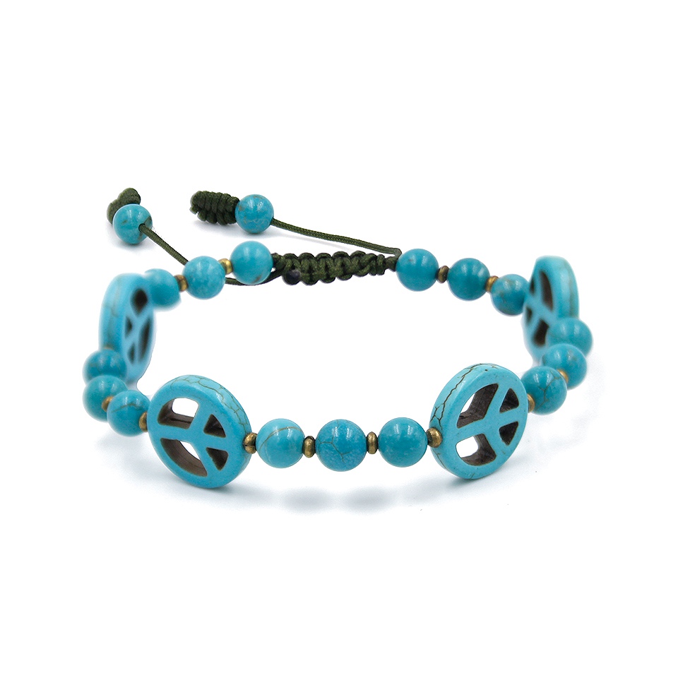 Turquoise beaded bracelet with peace sign charms and adjustable cord