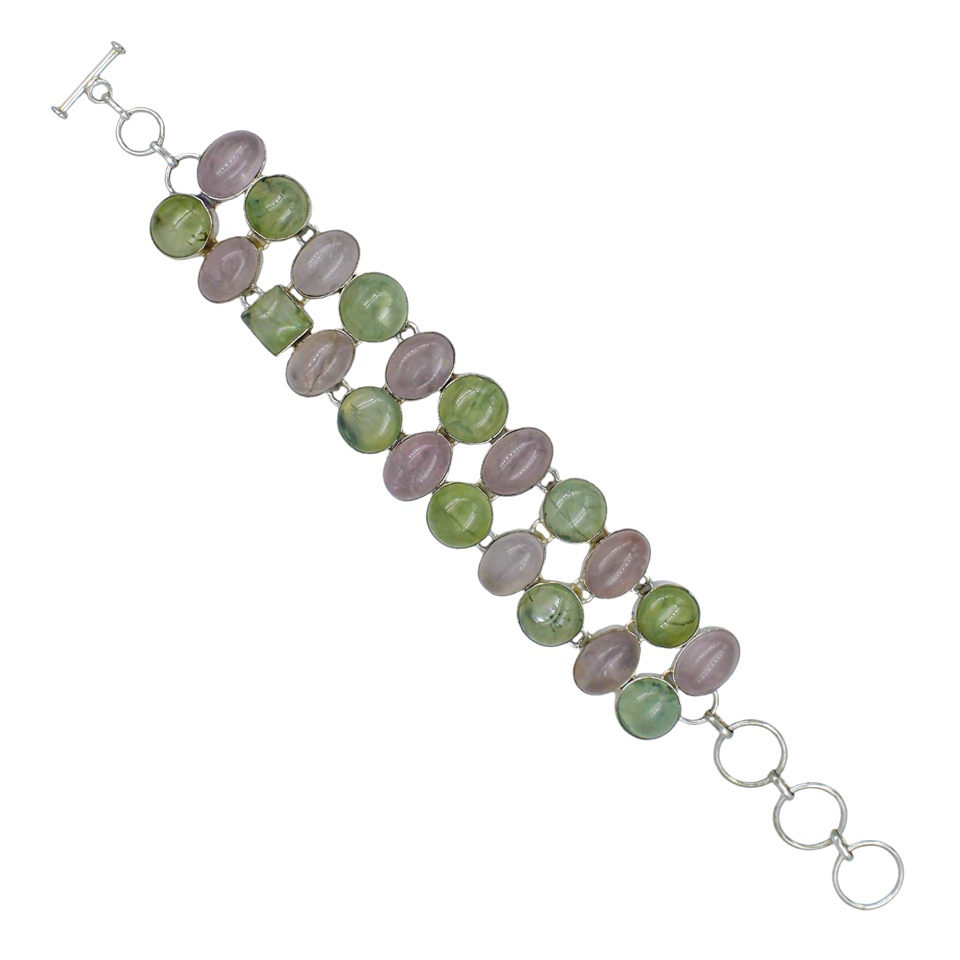 Rose quartz and prehnite 925 sterling silver bracelet for women