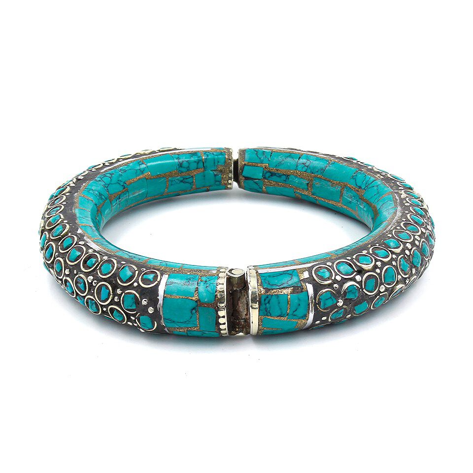 Turquoise inlay bangle bracelet with round turquoise cabochon accents