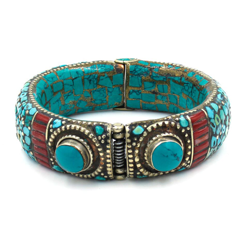 Turquoise and coral inlay bangle bracelet with round turquoise cabochons