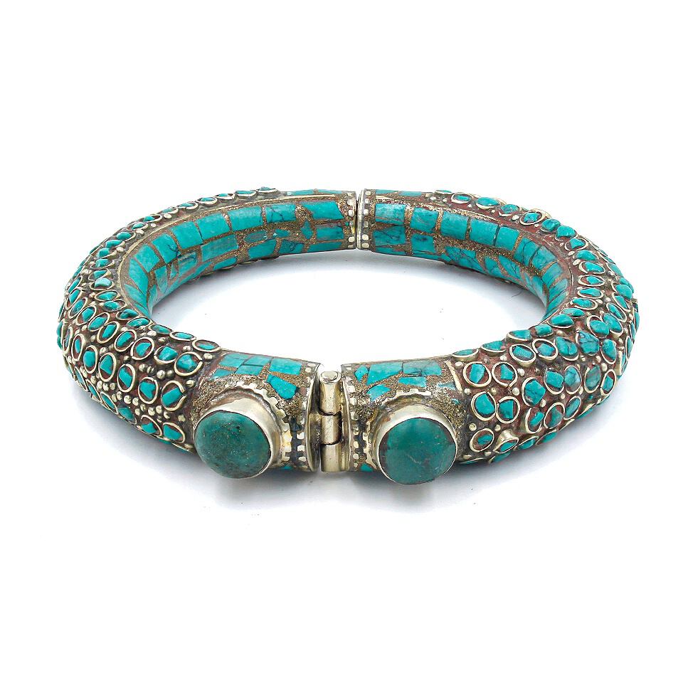 Tibetan turquoise inlay hinged bangle