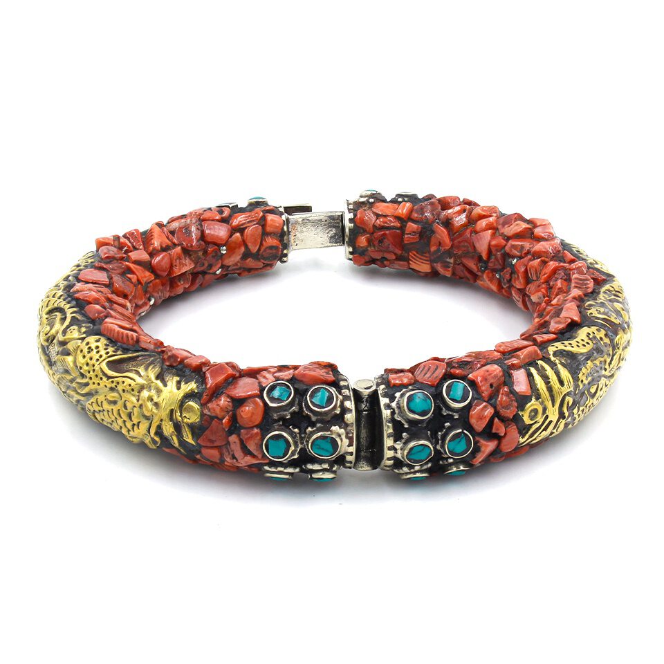 Coral chip and turquoise cabochon dragon design bangle bracelet