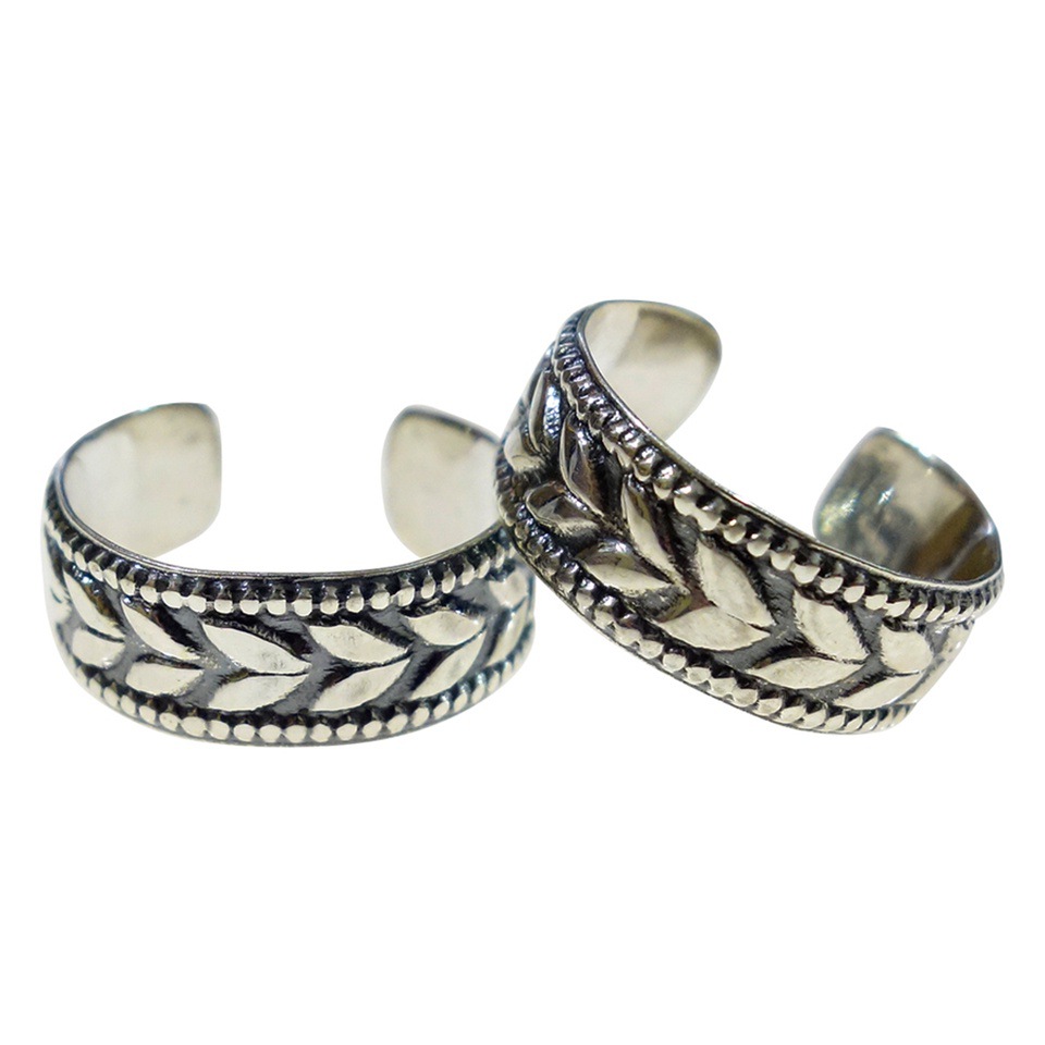 925 silver toe rings with leaf pattern and dotted borders
