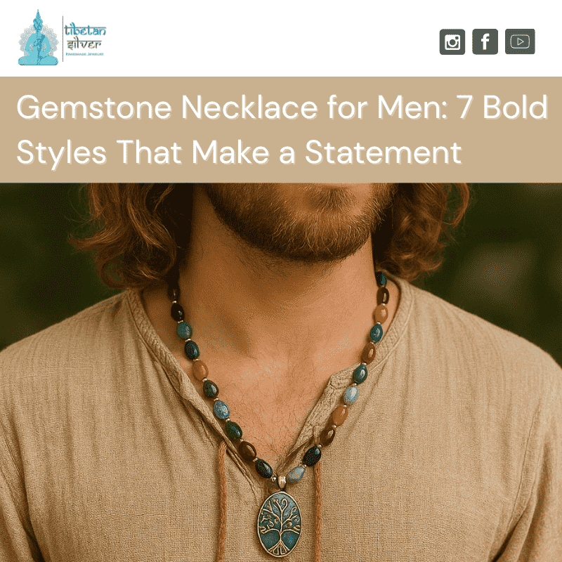 Model wearing gemstone necklace for men with casual outfit