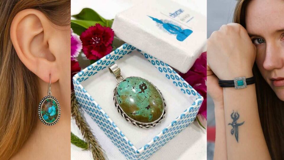 Handmade Tibetan silver turquoise jewellery set with earrings, pendant, and bracelet.