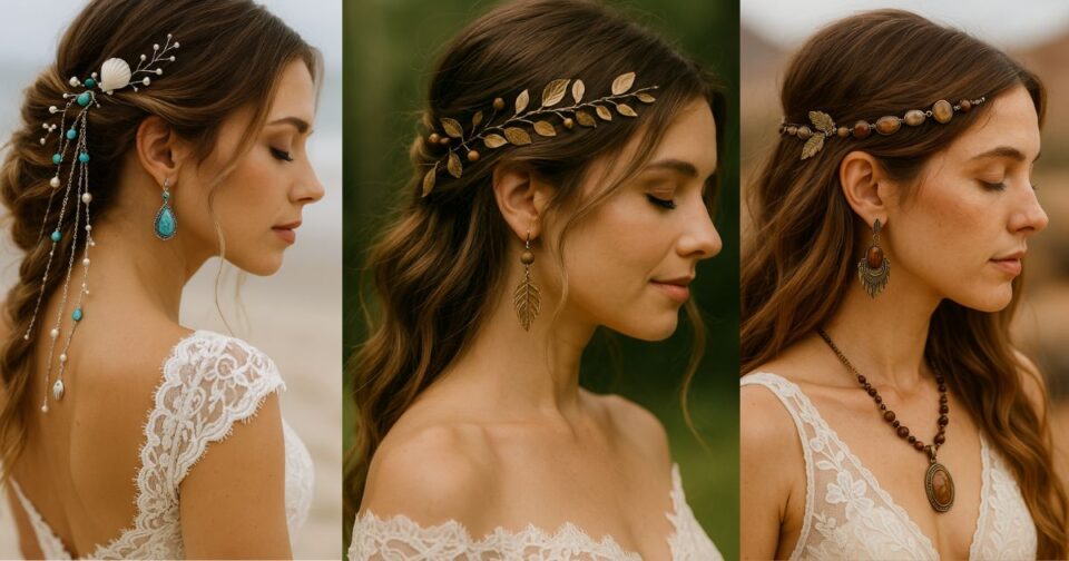 Boho bridal hair jewellery styles for beach, forest and desert weddings.