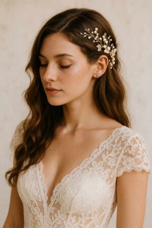 Boho bridal hair jewellery on foreign model with lace wedding dress