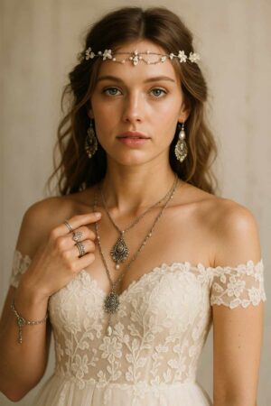 Boho bridal jewellery on a foreign model in lace wedding dress