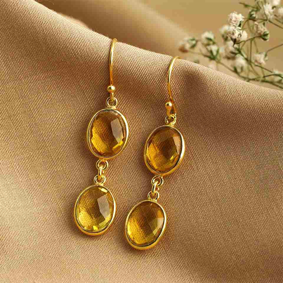 Cheap gold jewelry drop earrings with yellow stones.