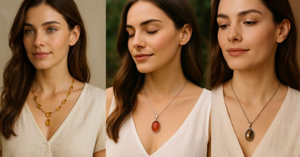 Model wearing citrine, carnelian and tiger eye healing stone necklaces.