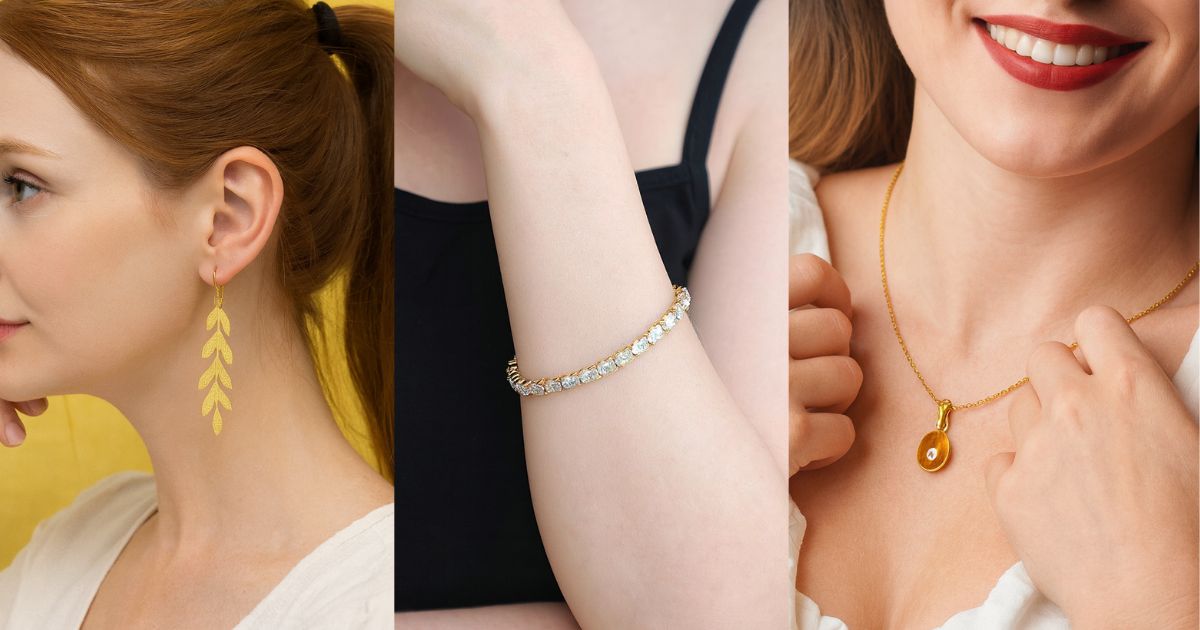 Cheap gold jewelry earrings, bracelet and pendant necklace.