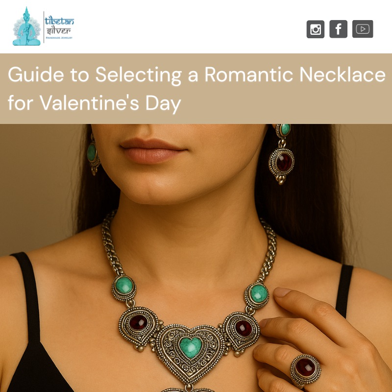 Woman wearing a Tibetan-style gemstone necklace for Valentine's Day