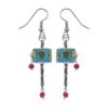 Turquoise prayer wheel earrings with red coral beads.