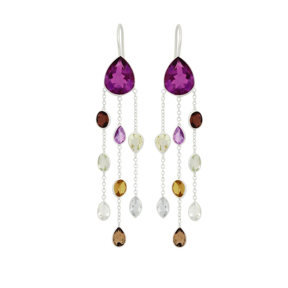 Silver dangle earrings with multicolor gemstones.