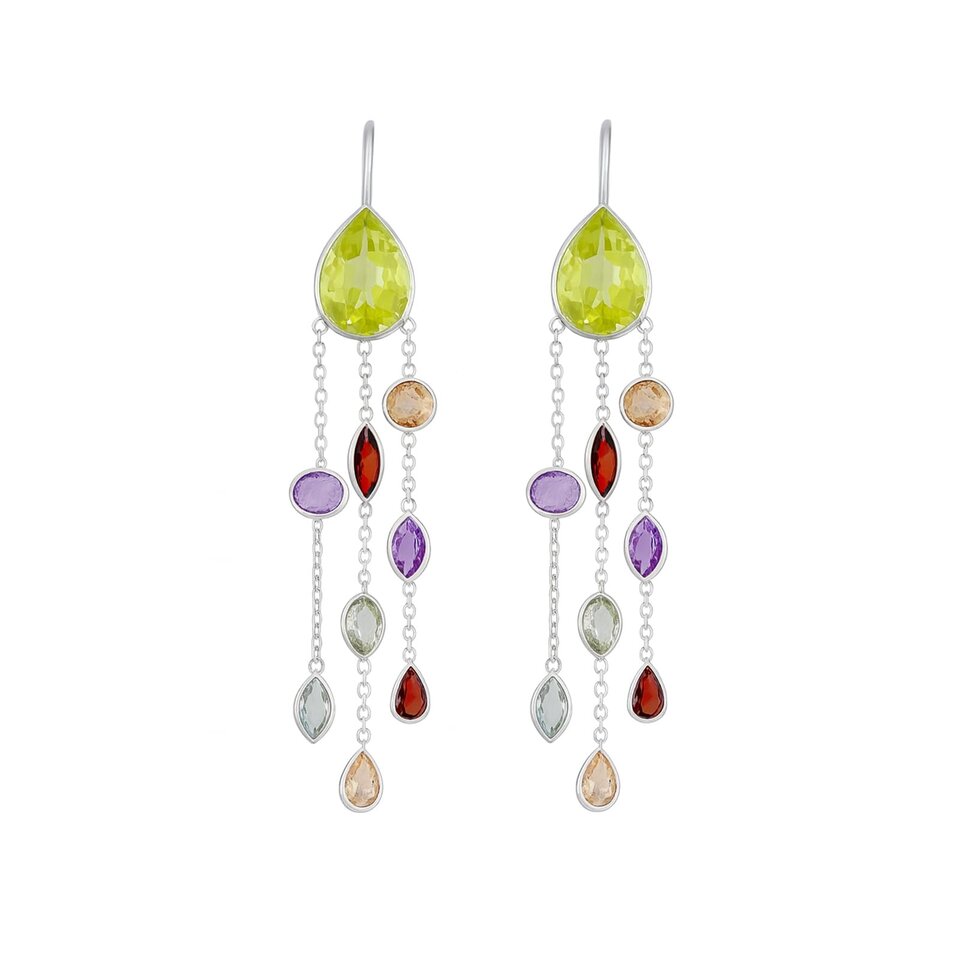Silver dangle earrings with multicolor gemstones.