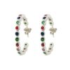 Silver hoop earrings with multicolor gemstones.