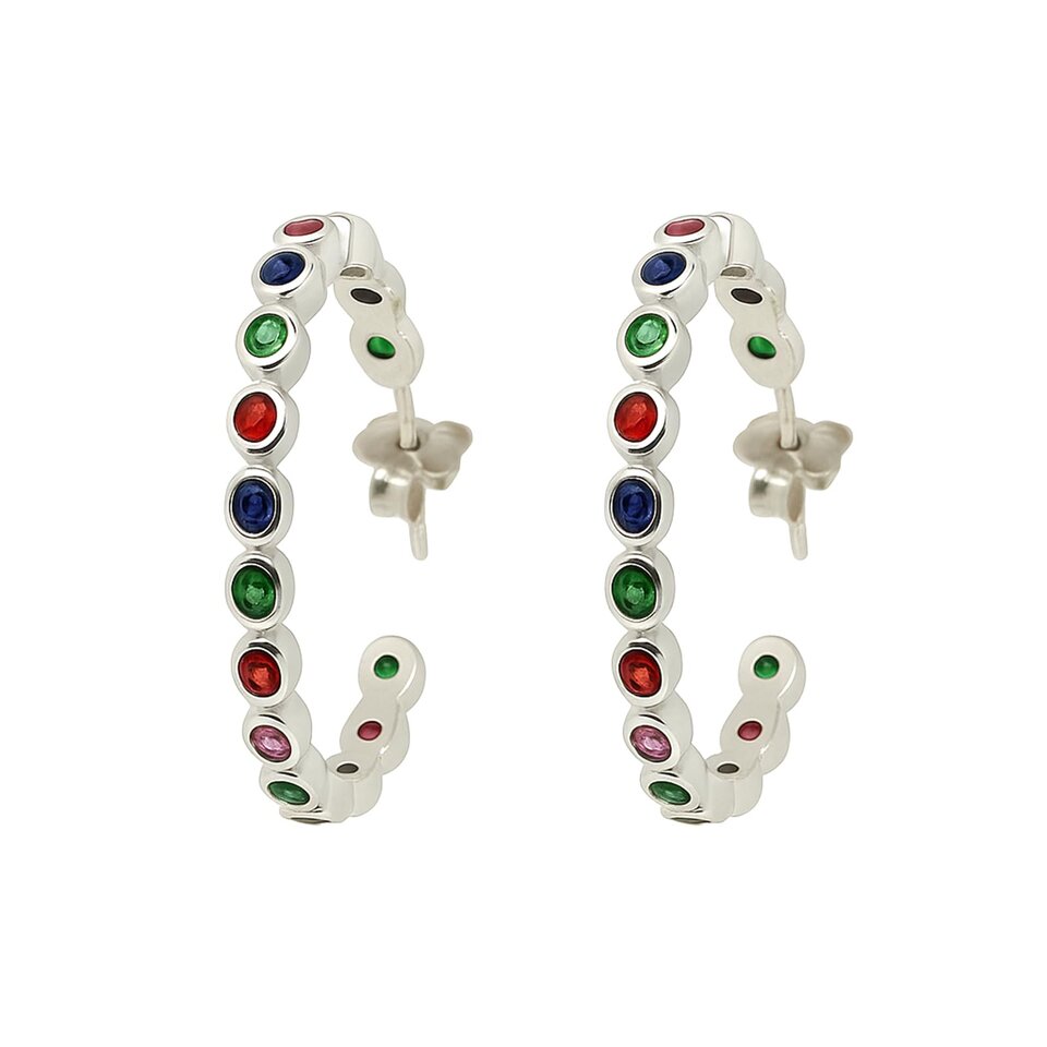 Silver hoop earrings with multicolor gemstones.