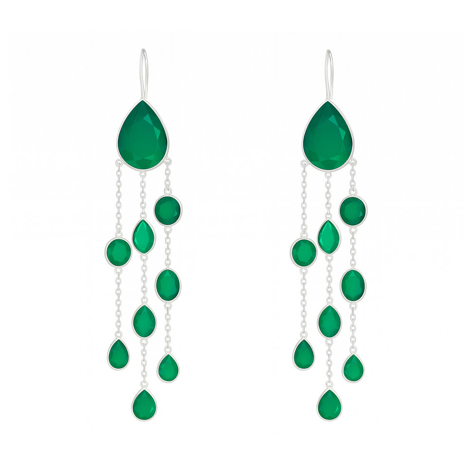 Long dangle earrings with green onyx gemstones set in sterling silver.