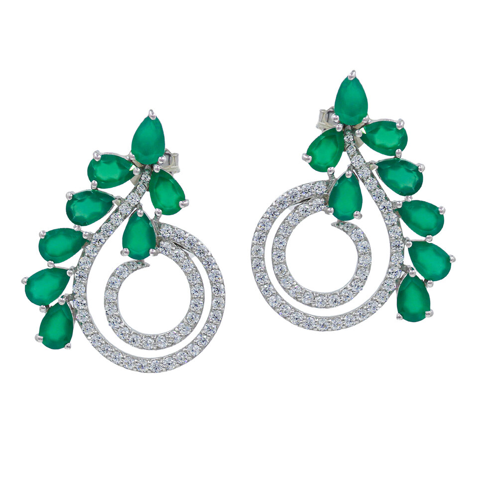 Silver spiral earrings with green gemstones.