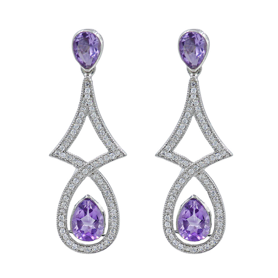 Silver drop earrings with amethyst gemstones.